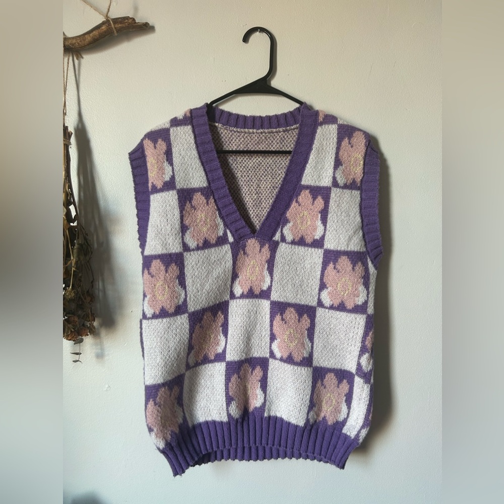 Oversized Floral Check Vintage Look Knit Sweater Vest
